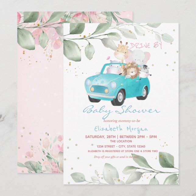 Car Animals Dots Floral Drive By Baby Shower Invitation (Front/Back)