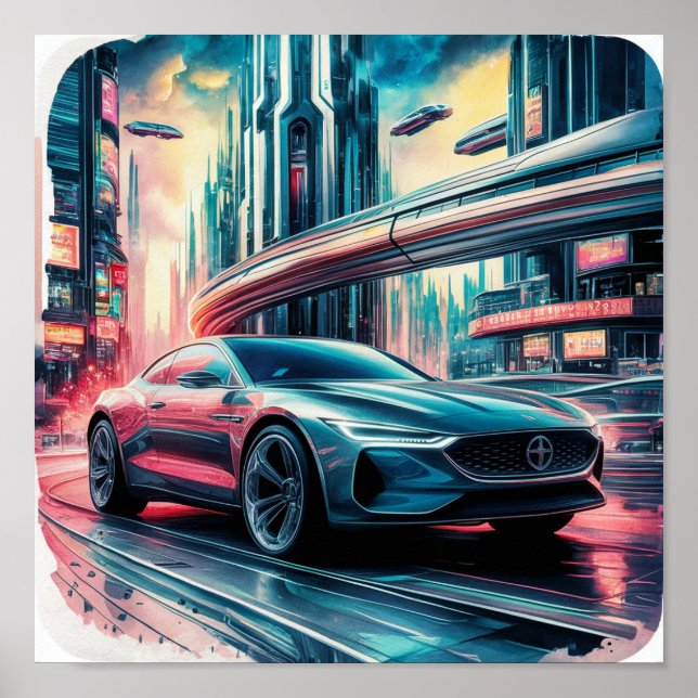 Car at the Futuristic City Poster (Front)