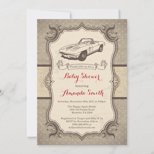 Car Baby Shower Invitation Vintage Retro (Front)