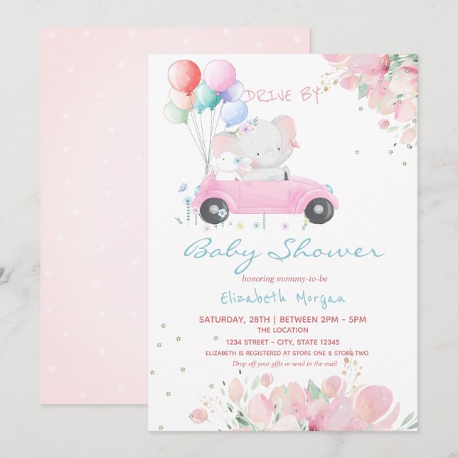 Car Balloons Floral Drive By Baby Shower Invitation (Front/Back)