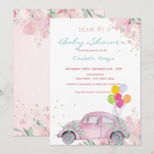 Car Balloons Stars Floral Drive By Baby Shower Invitation