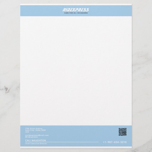 Car Business Blue Custom Letterhead (Front)