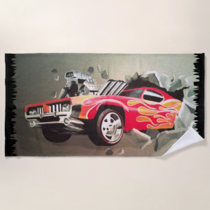 Car Crashing Through Wall Beach Towel
