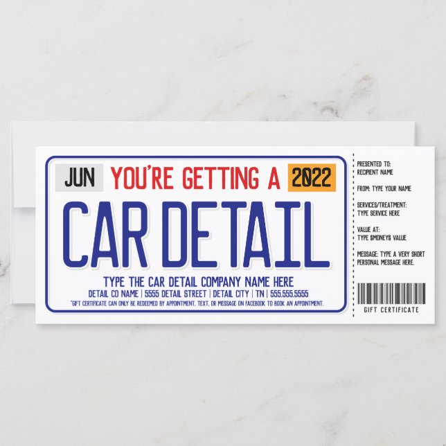 Car Detail License Plate Gift Certificate (Front)