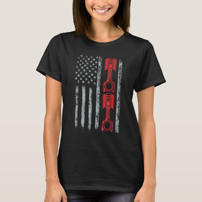 Car Enthusiast American Flag Piston Muscle Car Car T-Shirt (Front)