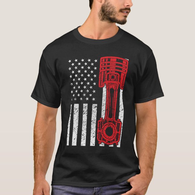 Car Enthusiast American Flag Piston Muscle Car T-Shirt (Front)