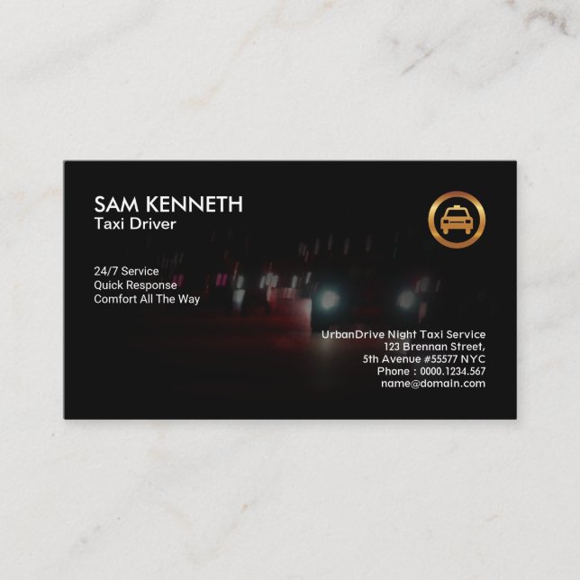 Car Headlights Bokeh Night Shift Taxi Service Business Card (Front)