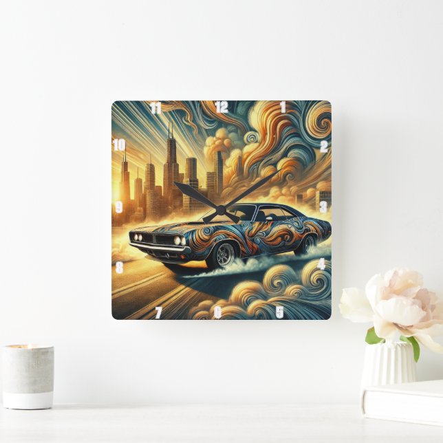 Car-Inspired Abstract Cityscape and Vibrant Design Square Wall Clock (Home)