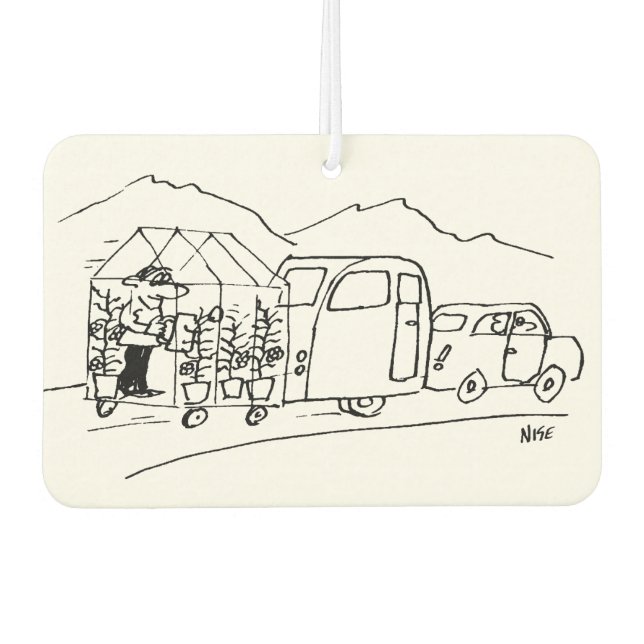 Car is Towing a Caravan and also a Greenhouse Air Freshener (Front)