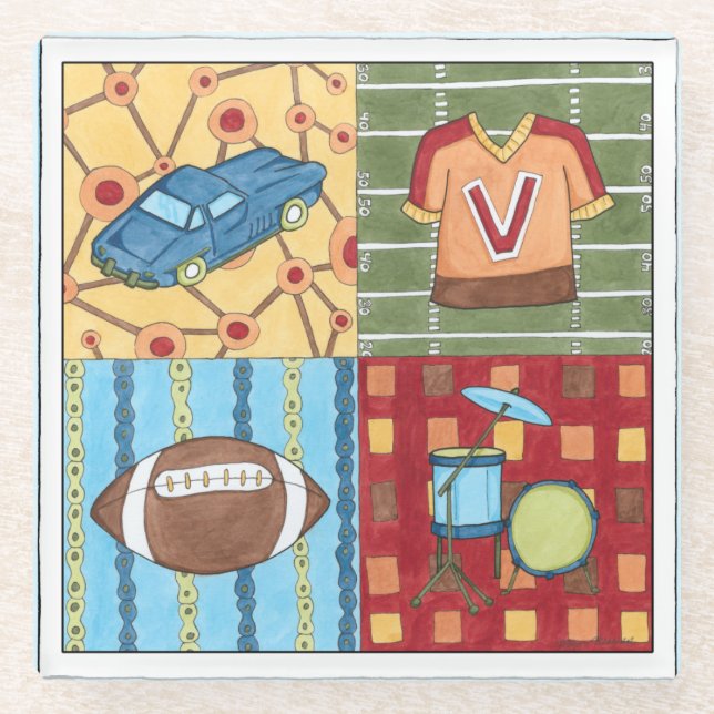 Car, Jersey, Football and Drum Kit Glass Coaster (Front)