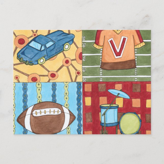 Car, Jersey, Football and Drum Kit Postcard (Front)
