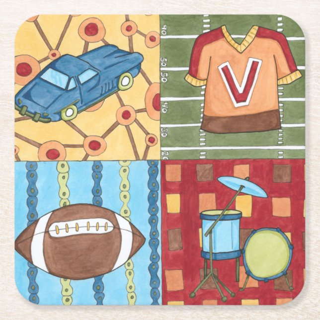 Car, Jersey, Football and Drum Kit Square Paper Coaster (Front)