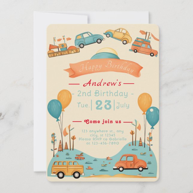 Car kids birthday theme Flat Invitation (Front)
