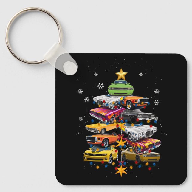 Car Madness Christmas Tree Classic Muscle Cars Xma Key Ring (Front)