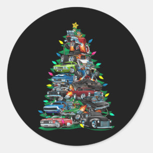 Car Madness Christmas Tree! Muscle Cars And Hotrod Classic Round Sticker