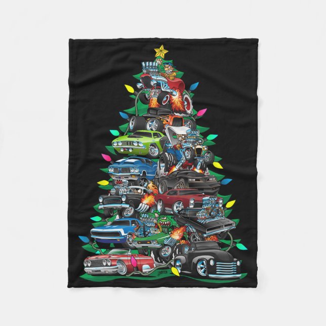 Car Madness Christmas Tree! Muscle Cars And Hotrod Fleece Blanket (Front)