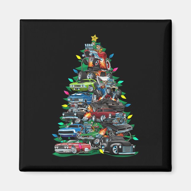 Car Madness Christmas Tree! Muscle Cars And Hotrod Magnet (Front)