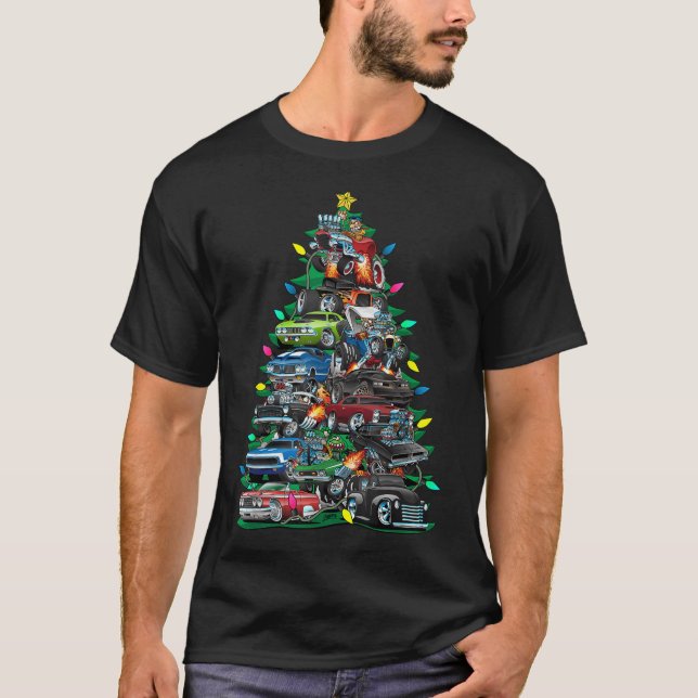 Car Madness Christmas Tree Muscle Cars And Hotrods T-Shirt (Front)