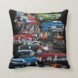 Car Madness! Muscle Cars and Hot Rods Cartoon Cushion
