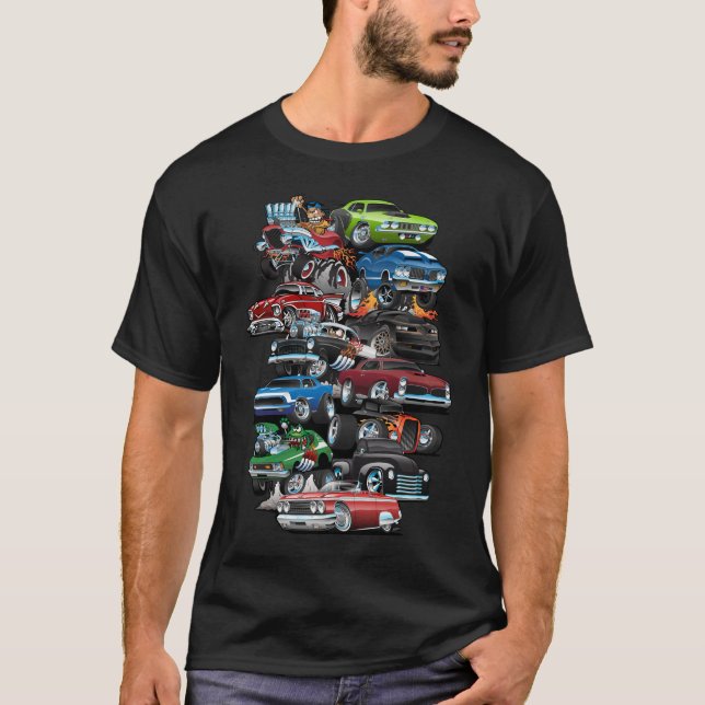 Car Madness! Muscle Cars and Hot Rods Cartoon T-Shirt (Front)