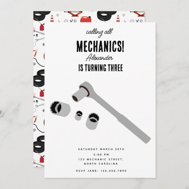 Car Mechanic Automotive Tools Boy Birthday Party Invitation (Front/Back)