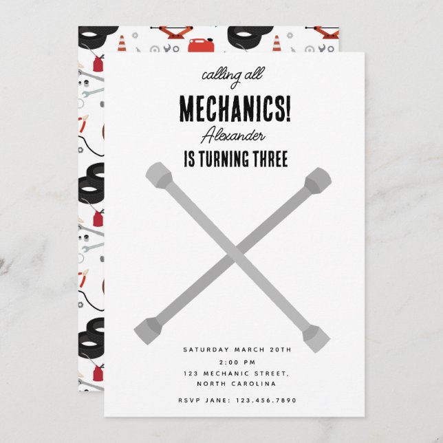 Car Mechanic Automotive Tools Boy Birthday Party Invitation (Front/Back)