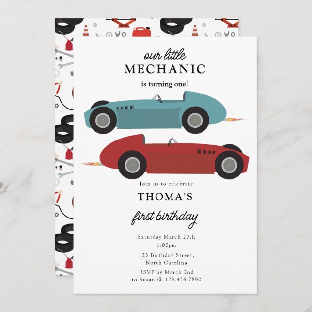 Car Mechanic Automotive Tools Boy First Birthday Invitation (Front/Back)