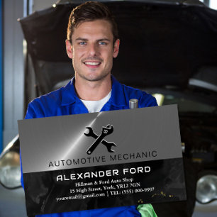 car mechanic garage Metallic silver shiny steel Magnetic Business Card