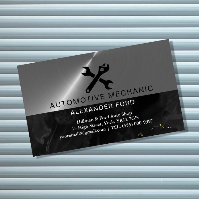 car mechanic garage Metallic silver shiny steel Magnetic Business Card (Creator Uploaded)