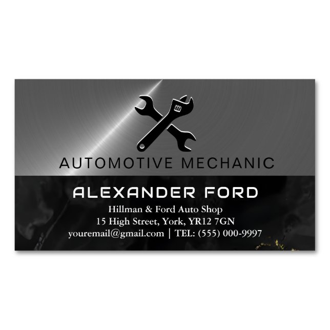 car mechanic garage Metallic silver shiny steel Magnetic Business Card (Front)
