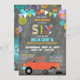 Car Mechanic Gears Tools Chalkboard Birthday Invitation