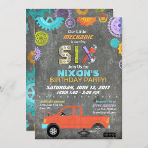 Car Mechanic Gears Tools Chalkboard Birthday Invitation