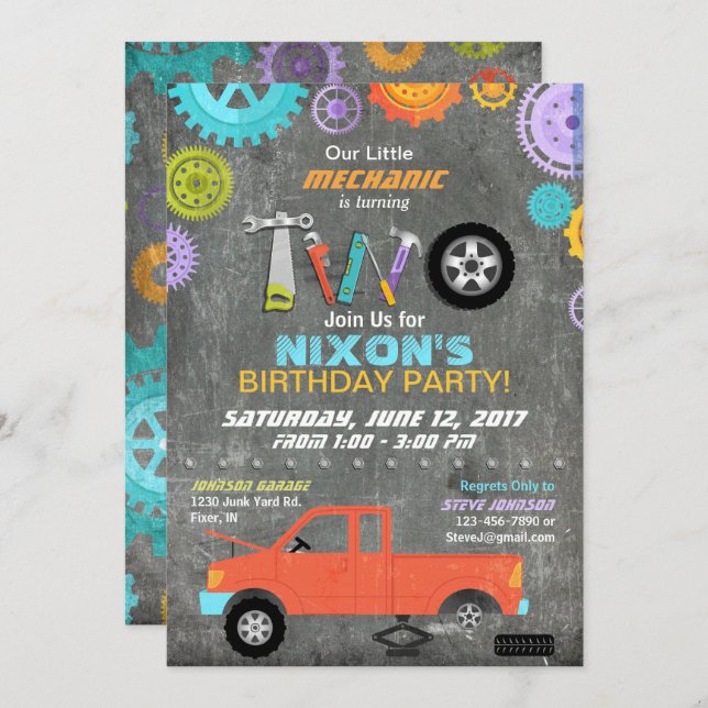 Car Mechanic Gears Tools Chalkboard Birthday Invitation (Front/Back)