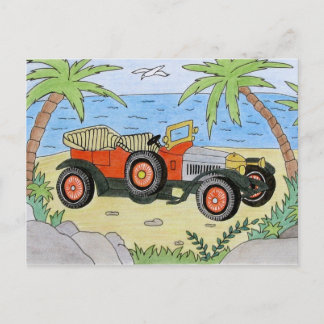 car on the beach postcard