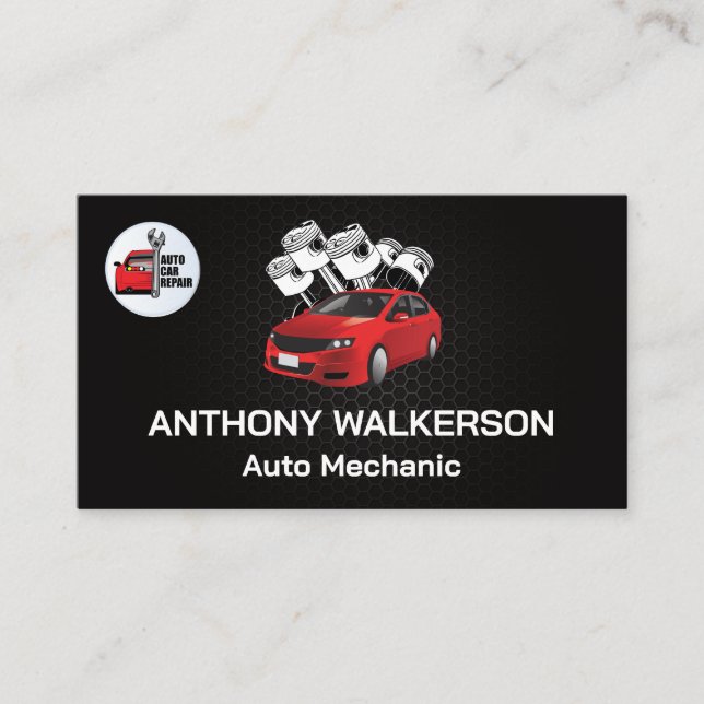 Car Pistons | Auto Repair Logo Business Card (Front)