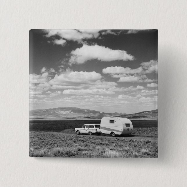 Car pulling trailer on road 15 cm square badge (Front)