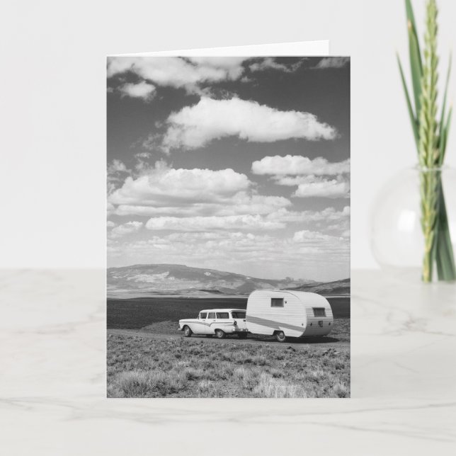 Car pulling trailer on road card (Front)