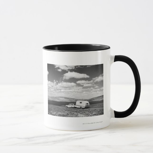 Car pulling trailer on road mug (Right)