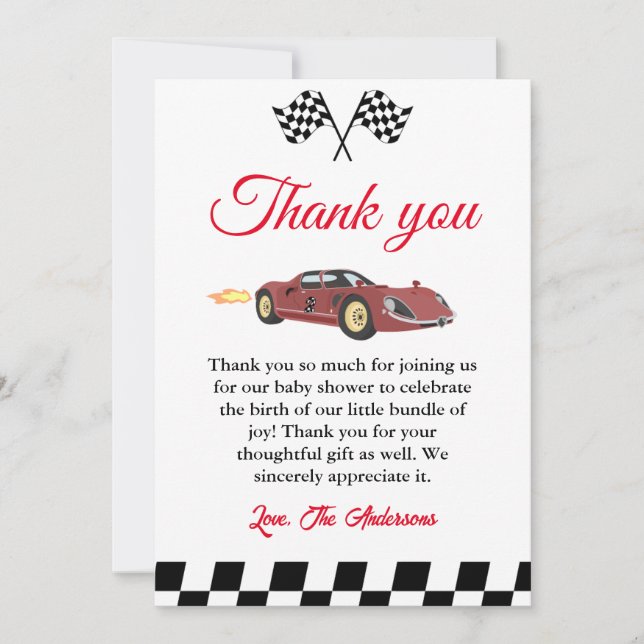 Car Race Baby Shower Thank You Card (Front)