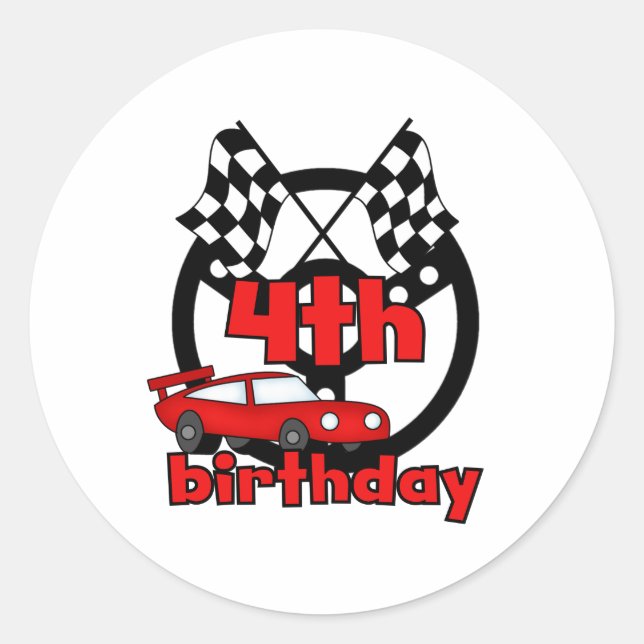 Car Racing 4th Birthday Classic Round Sticker (Front)
