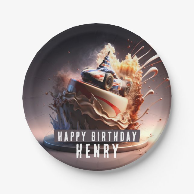 Car Racing Birthday  Cake -  Paper Plate (Front)