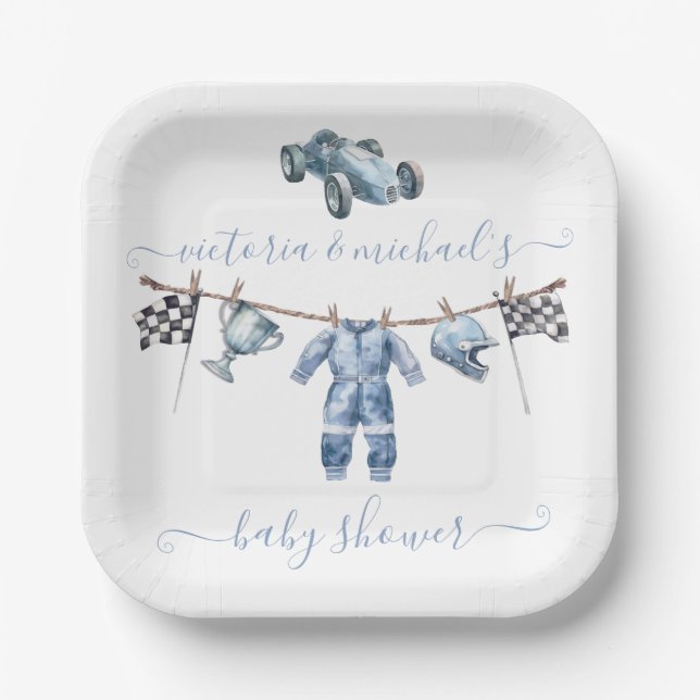Car Racing Boy Baby Shower Paper Plate (Front)