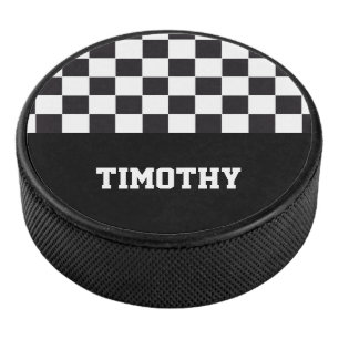 Car Racing / Chess Pattern + your backgr. & name Hockey Puck