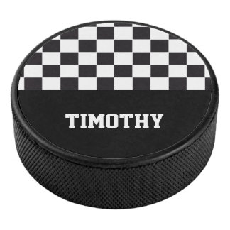 Car Racing / Chess Pattern + your backgr. & name Hockey Puck