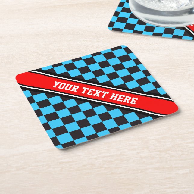 Car Racing / Chess Pattern + your backgr. & text Square Paper Coaster (Angled)