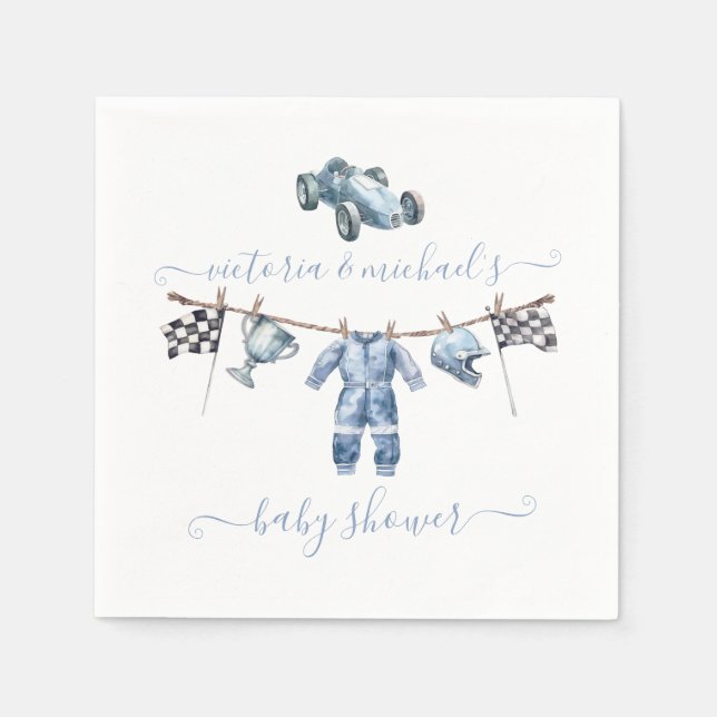 Car Racing Clothesline Boy Baby Shower Napkin (Front)