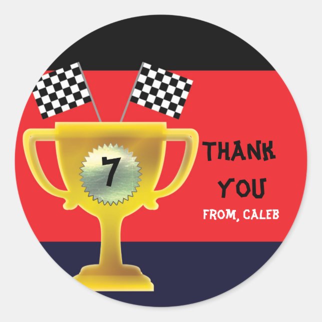 Car Racing Trophy & Flags Birthday Party Stickers (Front)