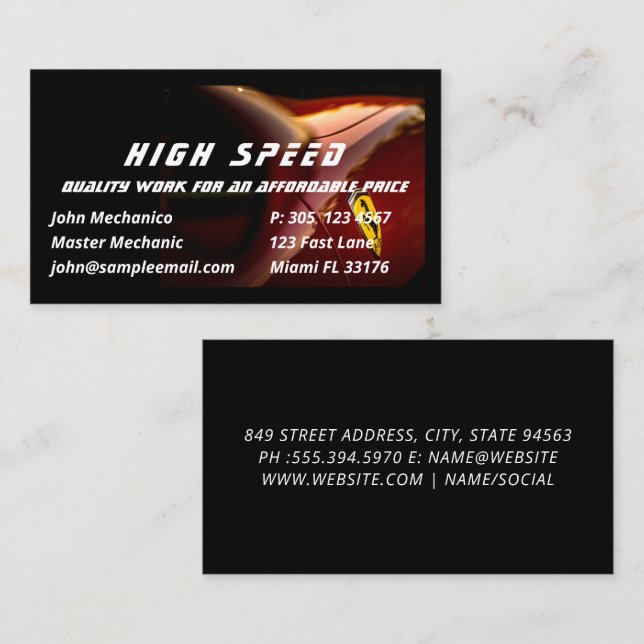 Car Repair Automotive Black & Red Auto Mechanic Business Card (Front/Back)