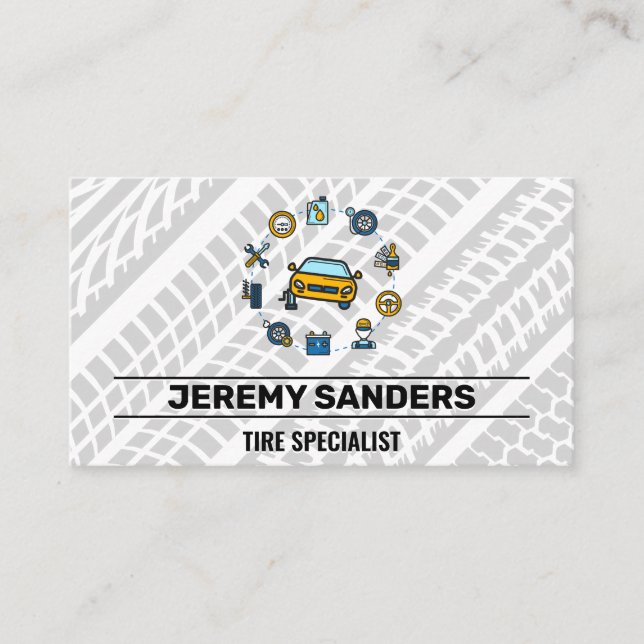Car Repair Parts and Service Icon | Tire Marks Business Card (Front)
