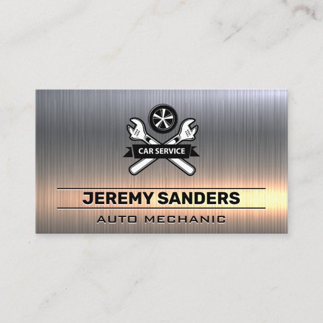 Car Service | Wrenches and Tire | Metallic Business Card (Front)